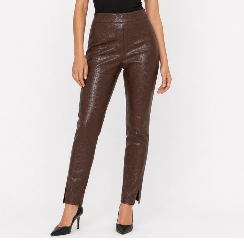MESHKI Chocolate Brown Croc Embossed Faux Leather Skinny Pants Ankle Slit Medium